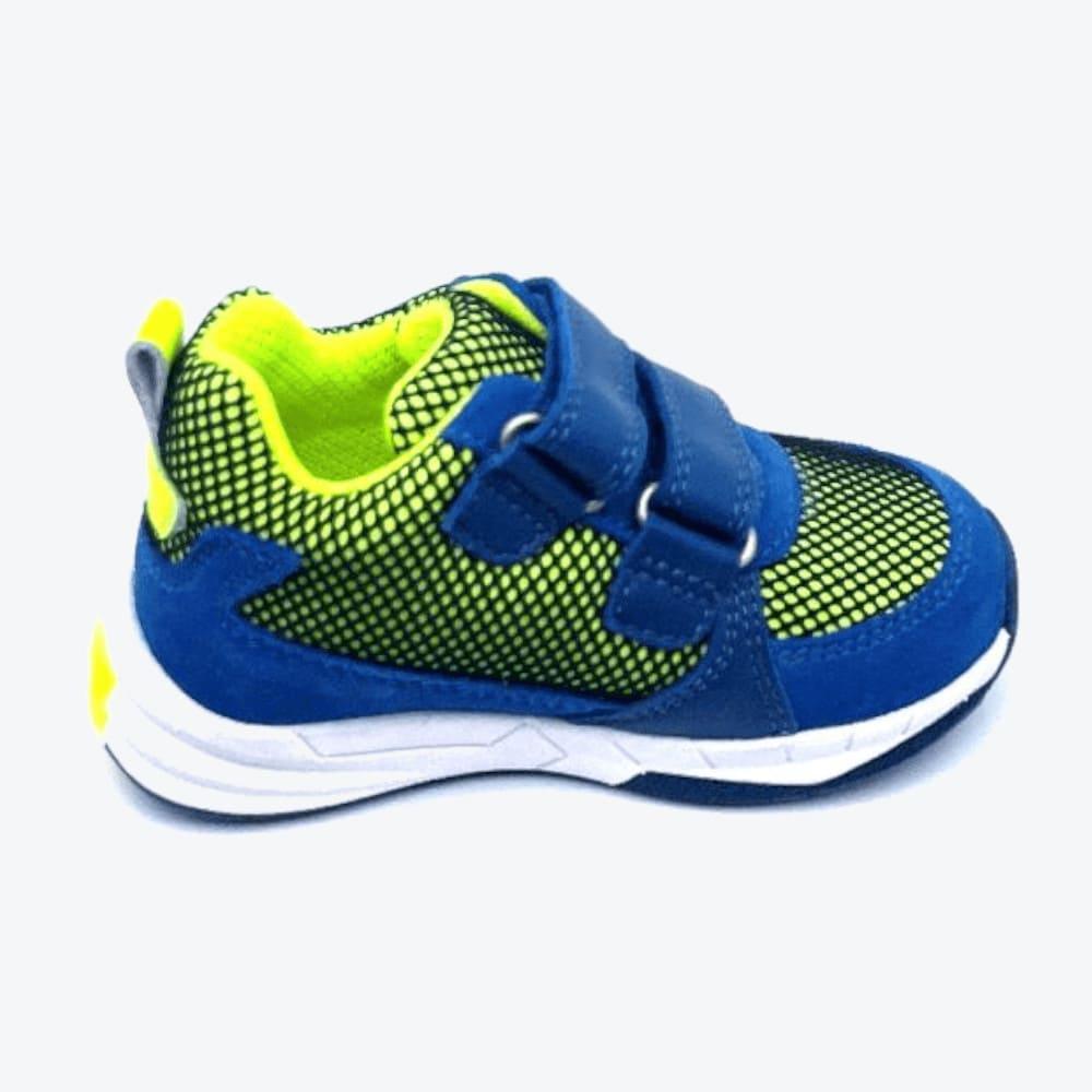 Auf der rechten Seite sehen Sie die Elefanten Klettschuhe Criss Corrado Antiaua in der Größe 25, präsentiert in der markanten Farbkombination von Blau und Neongelb.