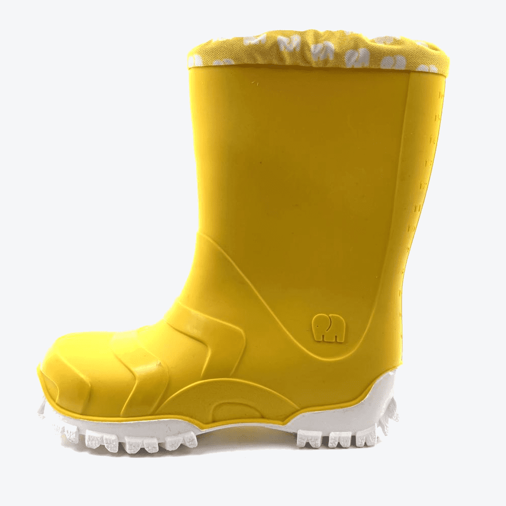 Linker Seitenblick der Elefanten-JellyJoni-Gummistiefel in Gelb, Größe 26.